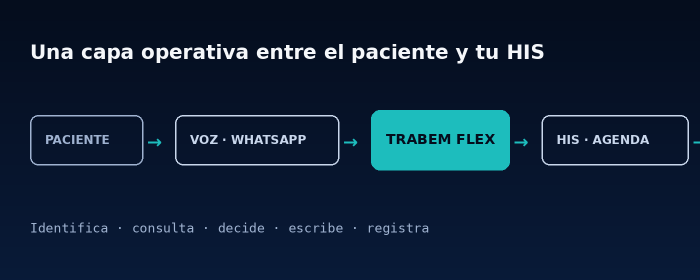 Diagrama del flujo de TRABEM FLEX: el paciente contacta por voz o WhatsApp, TRABEM FLEX identifica, consulta y decide, y la operación queda escrita en el HIS y la agenda.